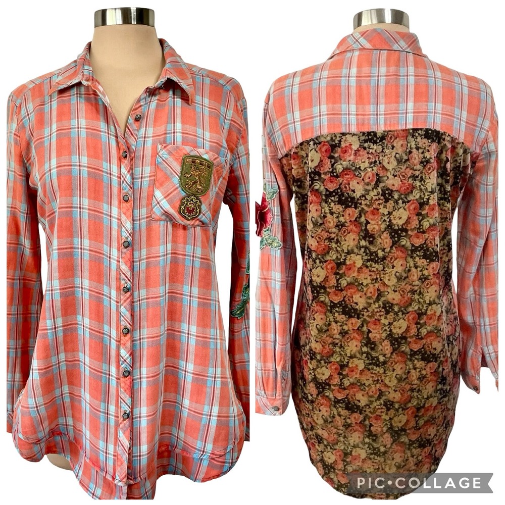 Aratta Silent Journey Ellie Shirt Plaid Floral Velvet Sz M Embellished Boho Chic